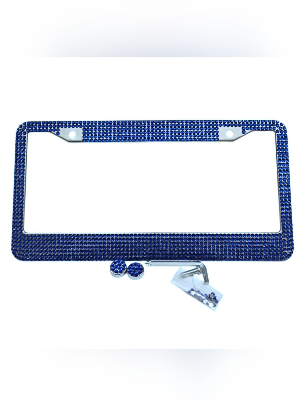 Blue Crystal License Plate Frame with Matching Button Covers